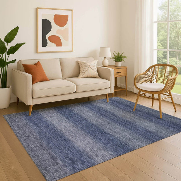 HomeRoots 9' X 12' Blue Striped Area Rug - Washable, UV Protected, Soft, Durable for High-Traffic Spaces 699549