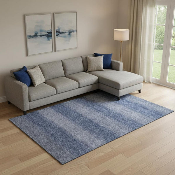 HomeRoots 10' X 14' Blue & Sky Blue Striped Area Rug – Washable, UV-Protected, Durable for High-Traffic Areas 699550