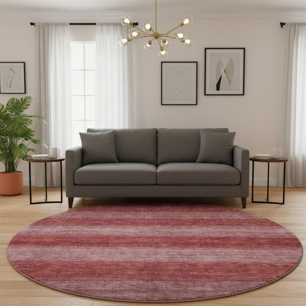 HomeRoots 8' Washable Round Rug in Rust and Coral Stripes - Durable, Stain Resistant with UV Protection! 699553