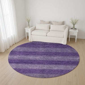 HomeRoots 8' Vibrant Purple and Lavender Striped Washable Round Rug with UV Protection for Indoor/Outdoor Use 699559