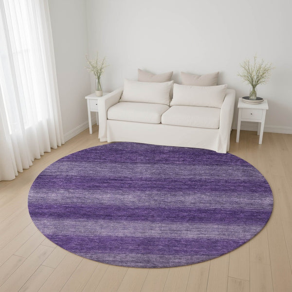 HomeRoots 8' Vibrant Purple and Lavender Striped Washable Round Rug with UV Protection for Indoor/Outdoor Use 699559