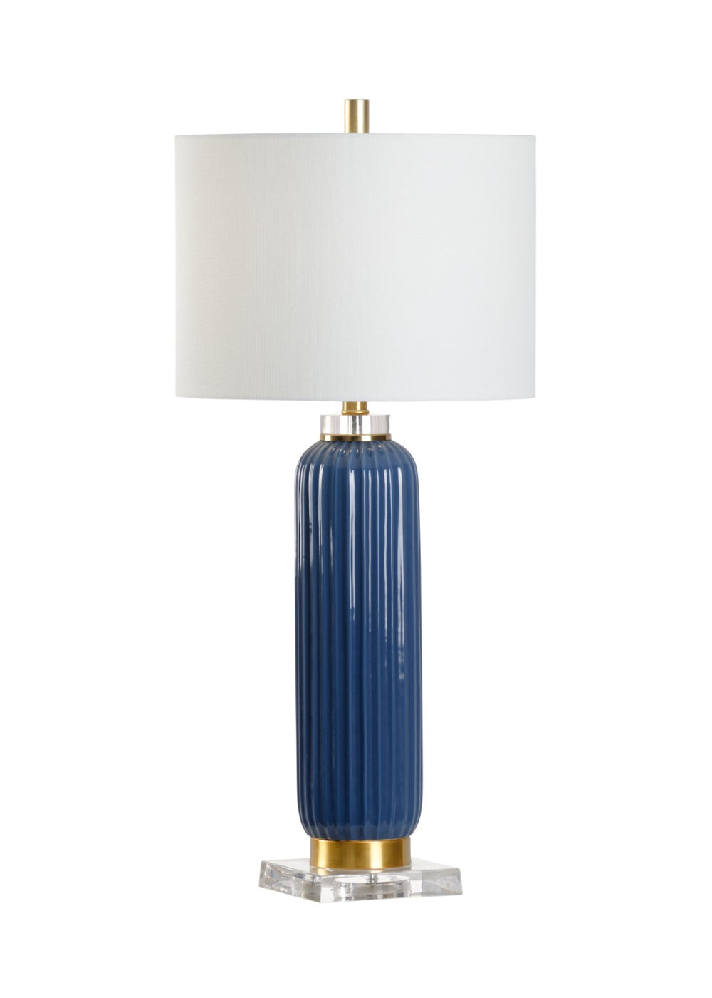 Chelsea House Samuel Fluted Ceramic Lamp With Blue Glaze, Crystal Base & Gold Accents, Off-White Linen Shade — 30.5" 69956