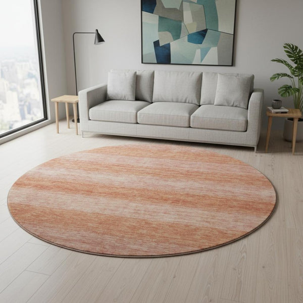 HomeRoots 8' Terra Cotta & Peach Striped Washable Round Rug - UV Protected, Durable & Stain Resistant Design! 699565