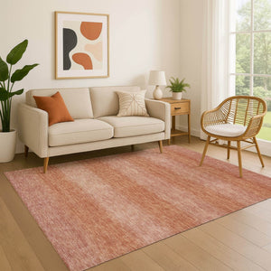 HomeRoots 9' X 12' Terra Cotta & Peach Striped Washable Area Rug with UV Protection for Family Spaces 699567