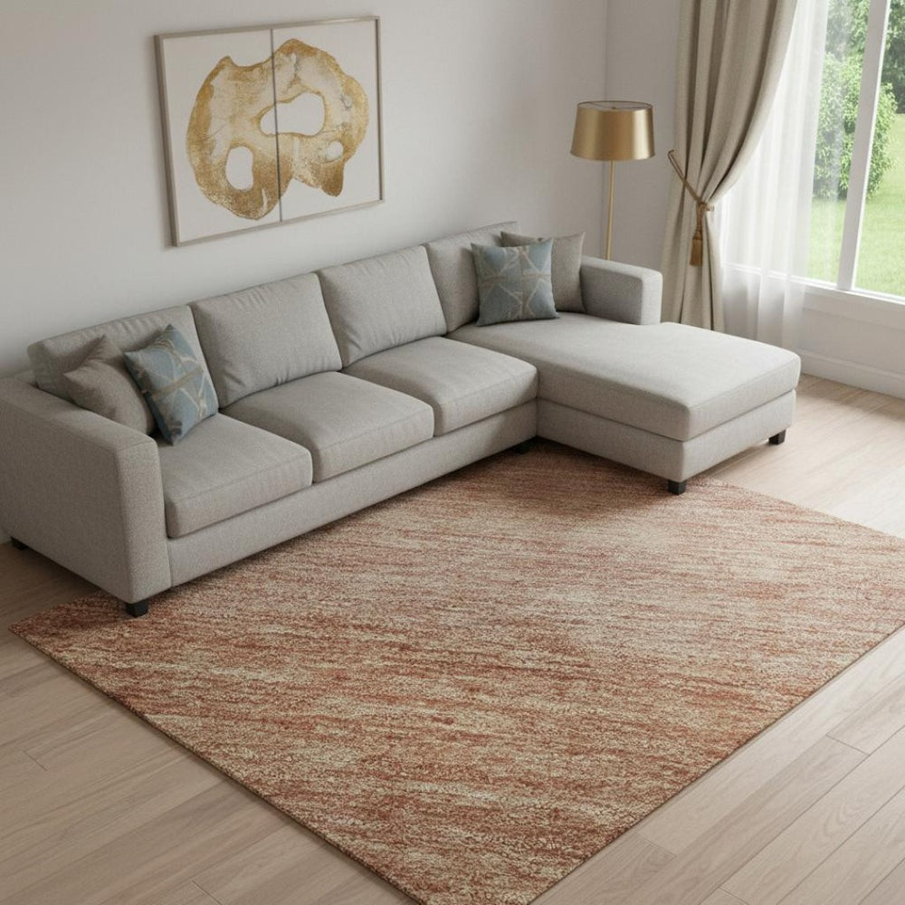 HomeRoots 9' X 12' Terra Cotta & Peach Striped Washable Area Rug with UV Protection for Family Spaces 699567