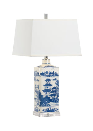 Chelsea House Square Hand-Painted Blue & White Ceramic Lamp On Clear Acrylic Base — Glossy Glazed Accent Light, 28" 69957