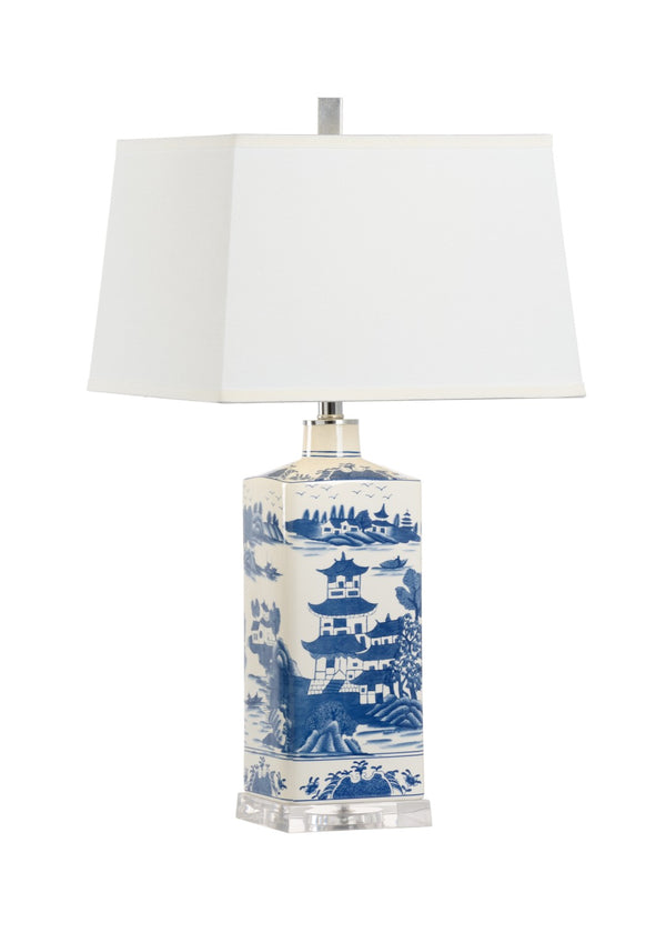 Chelsea House Square Hand-Painted Blue & White Ceramic Lamp On Clear Acrylic Base — Glossy Glazed Accent Light, 28" 69957