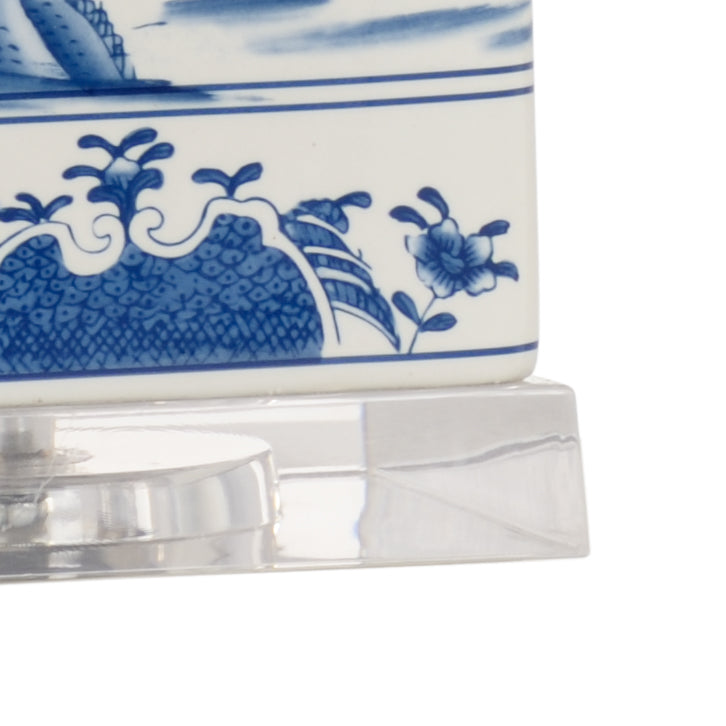Chelsea House Square Hand-Painted Blue & White Ceramic Lamp On Clear Acrylic Base — Glossy Glazed Accent Light, 28" 69957