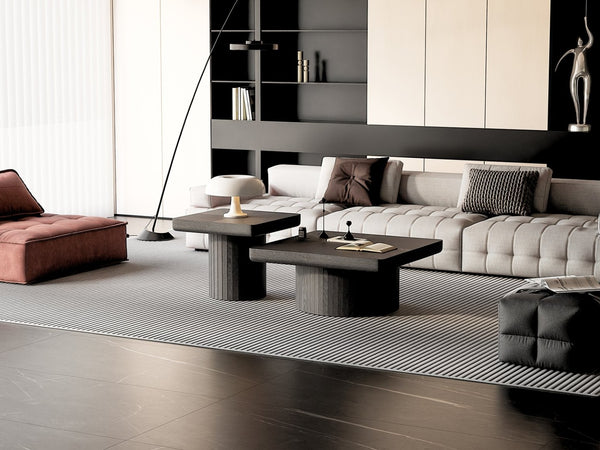 English Elm Modern Parquet Wood Nesting Coffee Tables Sculptural Fluted Pedestal Living Room Set Black W1435S00031