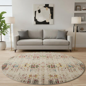 HomeRoots 8' Washable Beige Red Pink Oriental Round Rug with UV Protection for High-Traffic Spaces & Style 699577