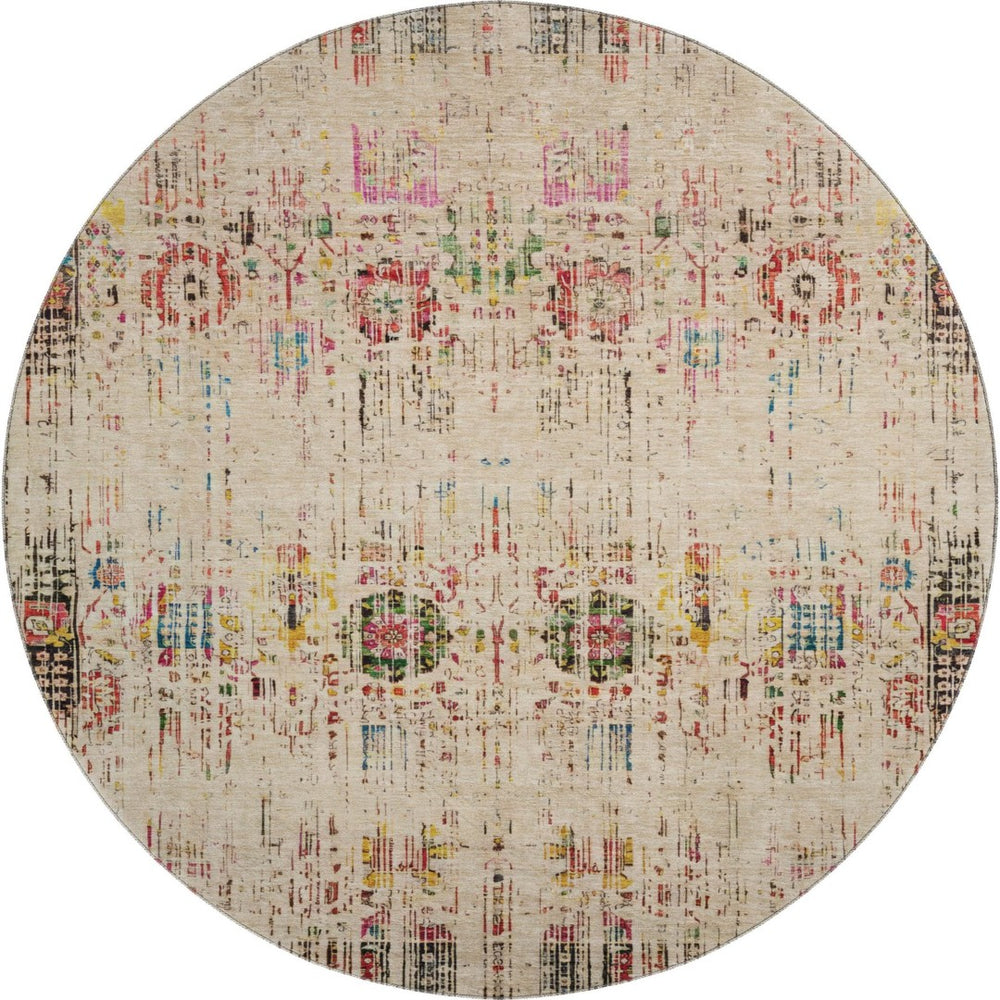 HomeRoots 8' Washable Beige Red Pink Oriental Round Rug with UV Protection for High-Traffic Spaces & Style 699577