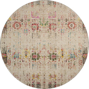 HomeRoots 8' Washable Beige Red Pink Oriental Round Rug with UV Protection for High-Traffic Spaces & Style 699577