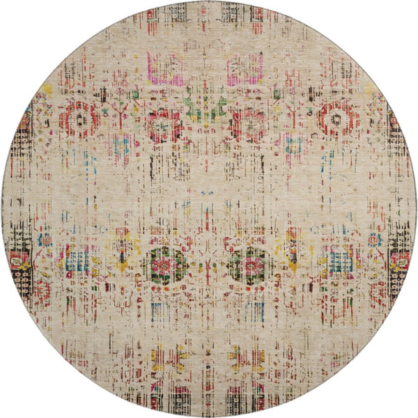 HomeRoots 8' Washable Beige Red Pink Oriental Round Rug with UV Protection for High-Traffic Spaces & Style 699577