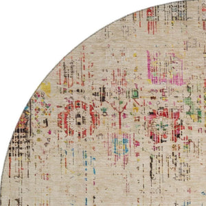 HomeRoots 8' Washable Beige Red Pink Oriental Round Rug with UV Protection for High-Traffic Spaces & Style 699577