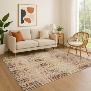 HomeRoots 9' X 12' Elegant Beige Red Pink Oriental Washable Area Rug with UV Protection for High-Traffic Spaces 699579