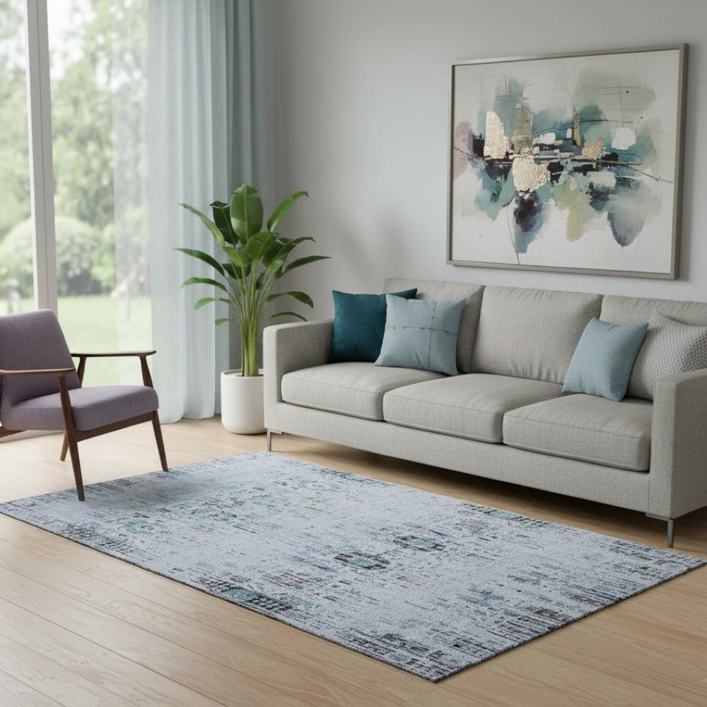 HomeRoots 5' X 8' Stylish Blue Green Charcoal Washable Area Rug with UV Protection for Active Homes 699582