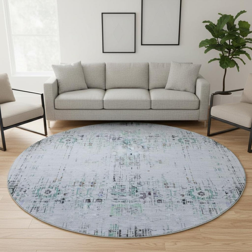 HomeRoots 8' Blue-Green & Charcoal Washable Round Rug with UV Protection - Ideal for High-Traffic Spaces! 699583