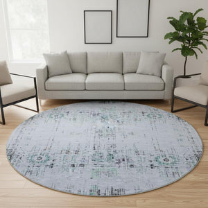 HomeRoots 8' Blue-Green & Charcoal Washable Round Rug with UV Protection - Ideal for High-Traffic Spaces! 699583