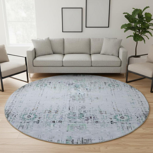 HomeRoots 8' Blue-Green & Charcoal Washable Round Rug with UV Protection - Ideal for High-Traffic Spaces! 699583