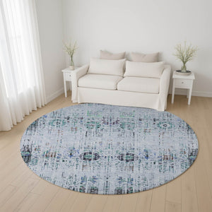 HomeRoots 8' Blue-Green & Charcoal Washable Round Rug with UV Protection - Ideal for High-Traffic Spaces! 699583