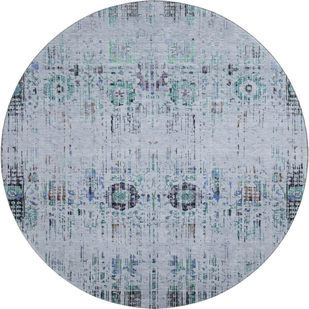HomeRoots 8' Blue-Green & Charcoal Washable Round Rug with UV Protection - Ideal for High-Traffic Spaces! 699583