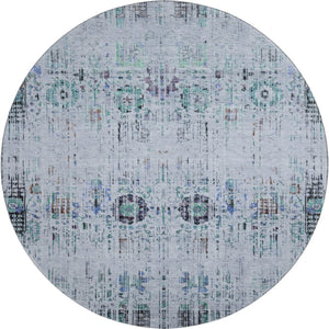 HomeRoots 8' Blue-Green & Charcoal Washable Round Rug with UV Protection - Ideal for High-Traffic Spaces! 699583