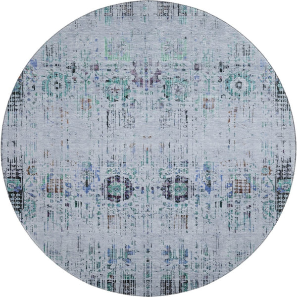 HomeRoots 8' Blue-Green & Charcoal Washable Round Rug with UV Protection - Ideal for High-Traffic Spaces! 699583