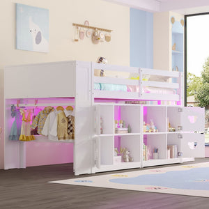 English Elm Twin Kids Low Loft Bed with Stair Drawers Built-in Led Shelving and Bear Handles W697S00039