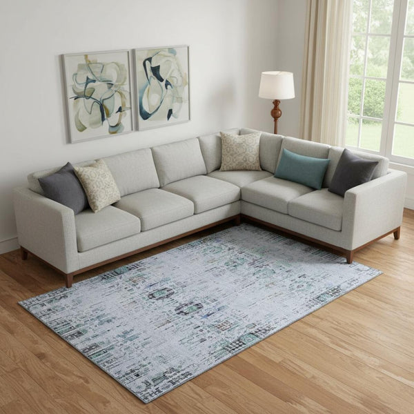 HomeRoots 9' X 12' Elegant Blue-Green Charcoal Oriental Washable Rug with UV Protection for Busy Homes 699585