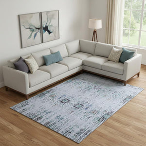 HomeRoots 10' Blue-Green and Charcoal Oriental Washable Area Rug with UV Protection for High-Traffic Spaces 699586