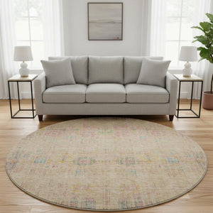HomeRoots 8' Tan Blue and Green Oriental Round Rug - Washable, UV Protected, Durable for Busy Homes & Decor 699589