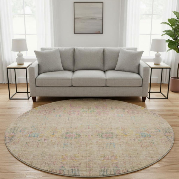 HomeRoots 8' Tan Blue and Green Oriental Round Rug - Washable, UV Protected, Durable for Busy Homes & Decor 699589