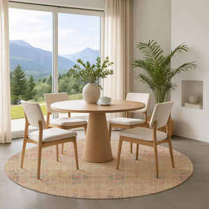 HomeRoots 8' Tan Blue and Green Oriental Round Rug - Washable, UV Protected, Durable for Busy Homes & Decor 699589