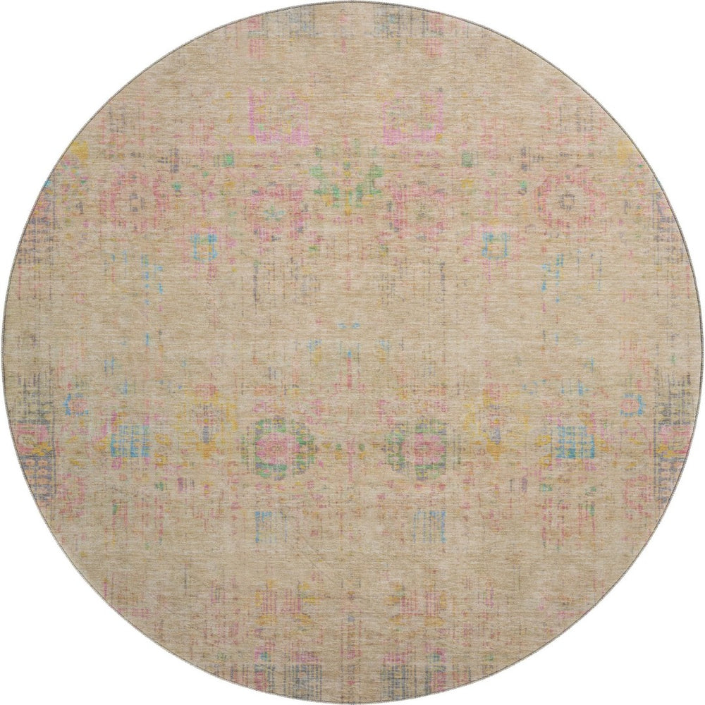 HomeRoots 8' Tan Blue and Green Oriental Round Rug - Washable, UV Protected, Durable for Busy Homes & Decor 699589