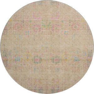 HomeRoots 8' Tan Blue and Green Oriental Round Rug - Washable, UV Protected, Durable for Busy Homes & Decor 699589