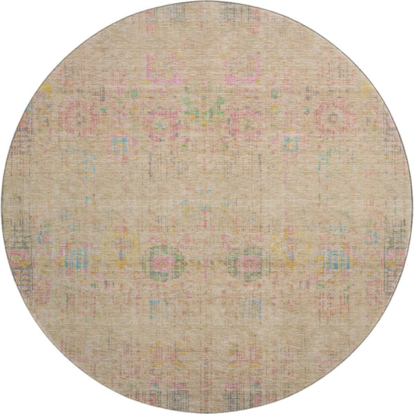 HomeRoots 8' Tan Blue and Green Oriental Round Rug - Washable, UV Protected, Durable for Busy Homes & Decor 699589
