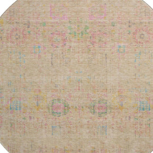 HomeRoots 8' Tan Blue and Green Oriental Round Rug - Washable, UV Protected, Durable for Busy Homes & Decor 699589