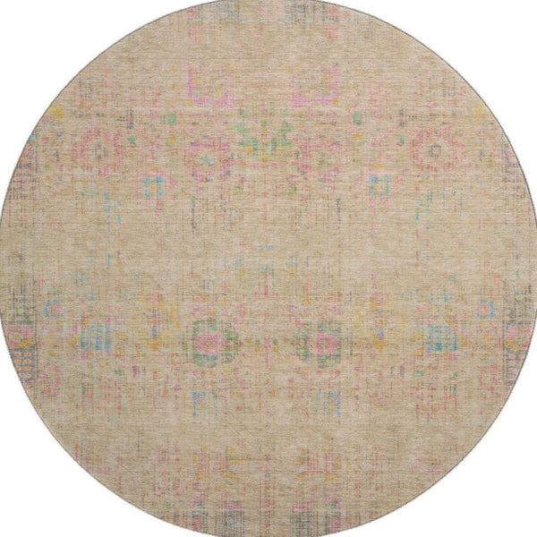 HomeRoots 8' Tan Blue and Green Oriental Round Rug - Washable, UV Protected, Durable for Busy Homes & Decor 699589