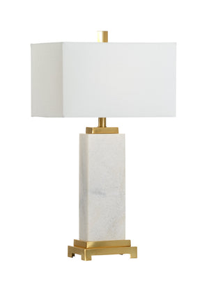 Chelsea House White Kennedy Marble Lamp With Antique Brass Accents And Off-White Linen Shade — Sculptural 27.5" Statement Piece 69959
