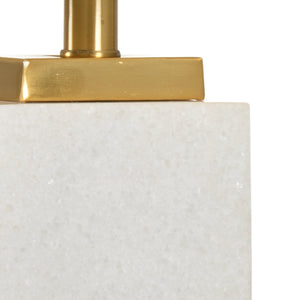 Chelsea House White Kennedy Marble Lamp With Antique Brass Accents And Off-White Linen Shade — Sculptural 27.5" Statement Piece 69959