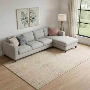 HomeRoots 9' X 12' Washable Tan Area Rug with Blue & Green Accents - UV Protected, Stain Resistant, Non-Slip 699591