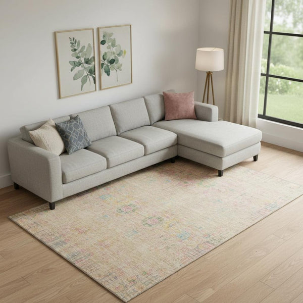 HomeRoots 9' X 12' Washable Tan Area Rug with Blue & Green Accents - UV Protected, Stain Resistant, Non-Slip 699591