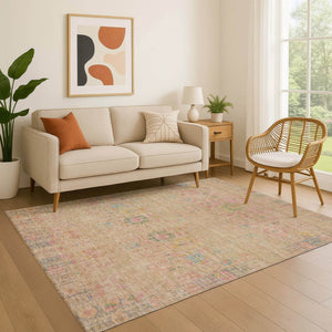 HomeRoots 9' X 12' Washable Tan Area Rug with Blue & Green Accents - UV Protected, Stain Resistant, Non-Slip 699591