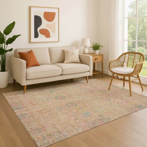 HomeRoots 9' X 12' Washable Tan Area Rug with Blue & Green Accents - UV Protected, Stain Resistant, Non-Slip 699591