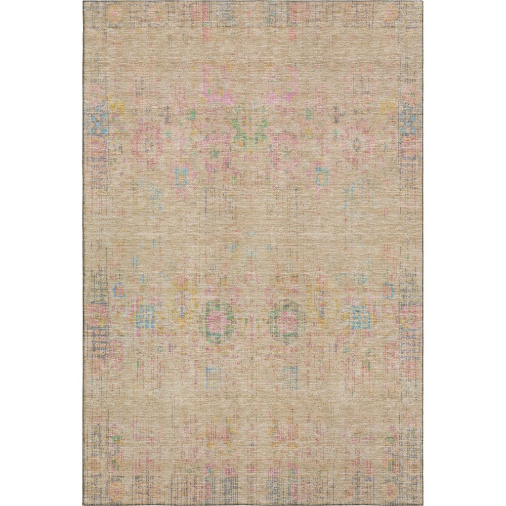 HomeRoots 9' X 12' Washable Tan Area Rug with Blue & Green Accents - UV Protected, Stain Resistant, Non-Slip 699591