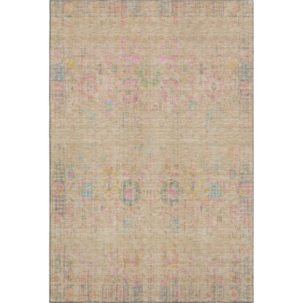 HomeRoots 9' X 12' Washable Tan Area Rug with Blue & Green Accents - UV Protected, Stain Resistant, Non-Slip 699591