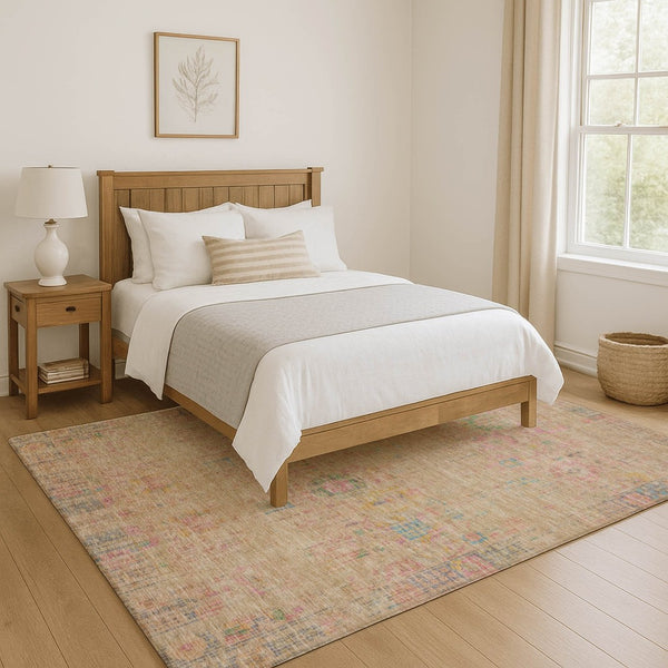 HomeRoots 9' X 12' Washable Tan Area Rug with Blue & Green Accents - UV Protected, Stain Resistant, Non-Slip 699591