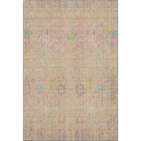 HomeRoots 9' X 12' Washable Tan Area Rug with Blue & Green Accents - UV Protected, Stain Resistant, Non-Slip 699591