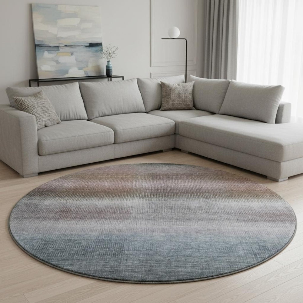 HomeRoots 8' Brown Copper and Gray Striped Round Rug - Washable, UV-Protected, Durable with Non-Slip Backing 699595