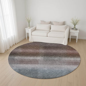 HomeRoots 8' Brown Copper and Gray Striped Round Rug - Washable, UV-Protected, Durable with Non-Slip Backing 699595